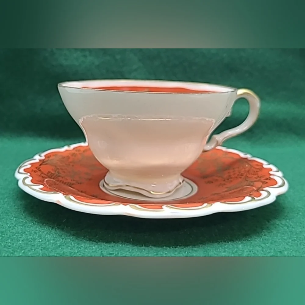 Tea Cup Saucer Lindner Kueps Bavaria Orange and White with gold Bone China‎ rare